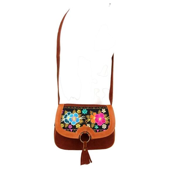 HANDCRAFTED BROWN GENUINE LEATHER SUEDE EMBROIDERY FLAP XBODY PURSE SHOULDER BAG - Picture 2 of 16